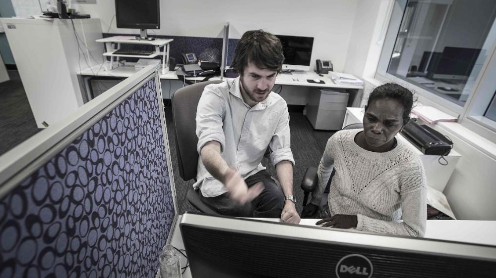 UOW student Oliver Chaseling with Ngukurr News editor Daphne Daniels. Photo: Paul Jones